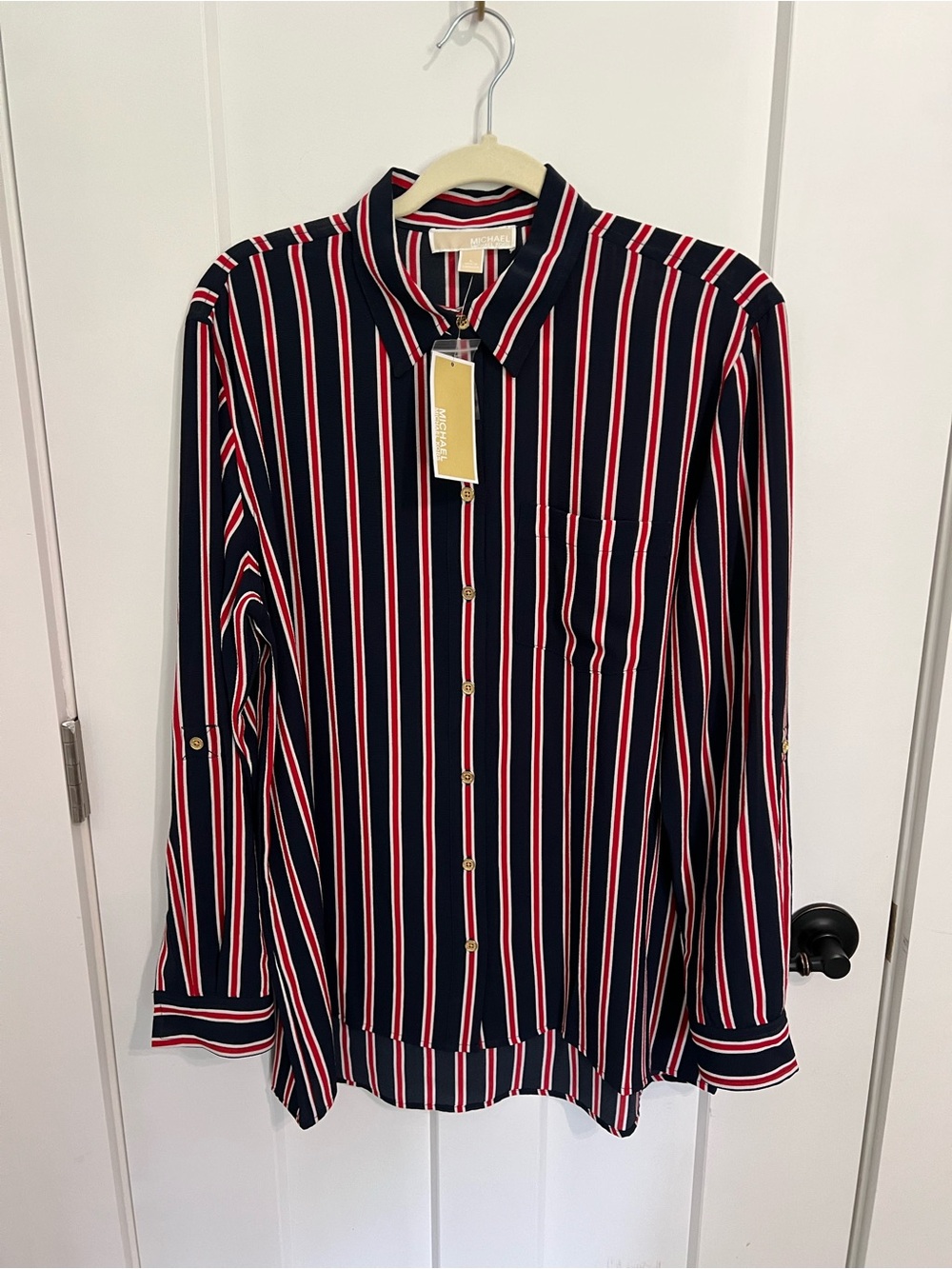 Michael Kors Navy Red White Vertical Stripe Button-Down Shirt